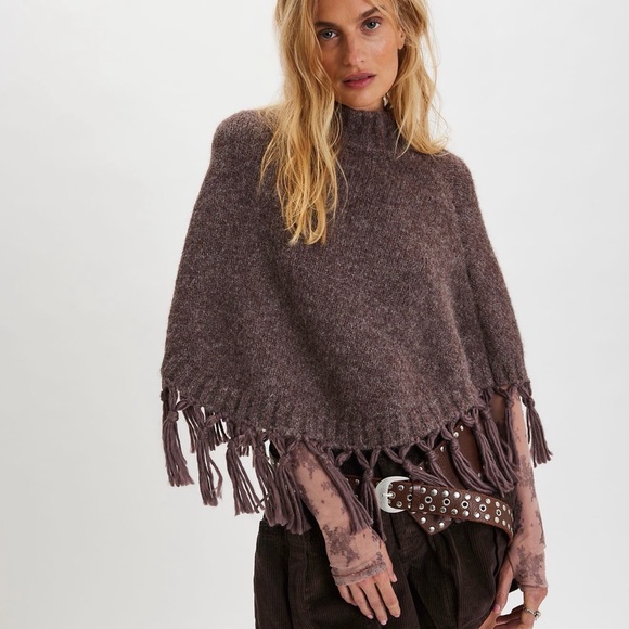 Free People Emma Knitted Cropped Poncho Java Chip One Size - Picture 1 of 5